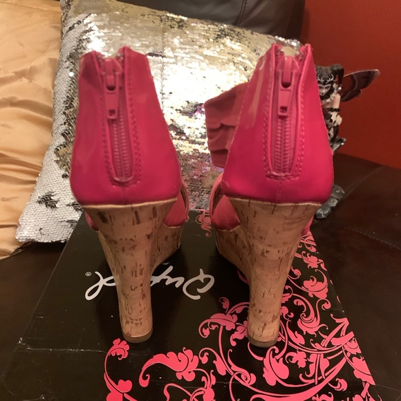 Pink Strappy Cork Platforms - Fuschia Twill - Picture 5 of 8